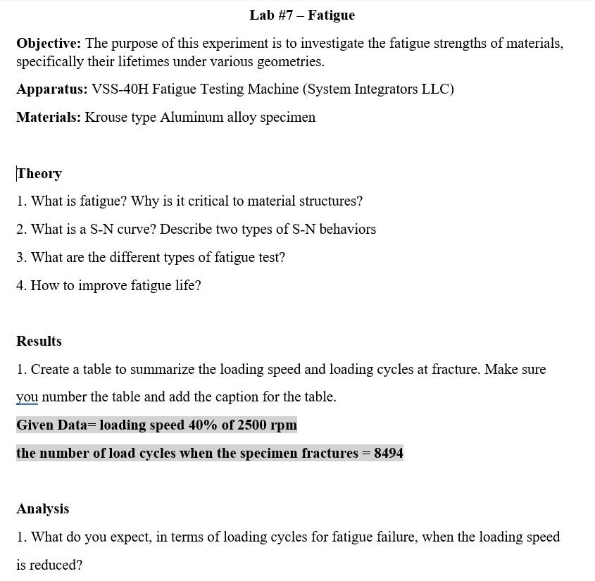 Solved Lab #7-Fatigue Objective: The purpose of this | Chegg.com