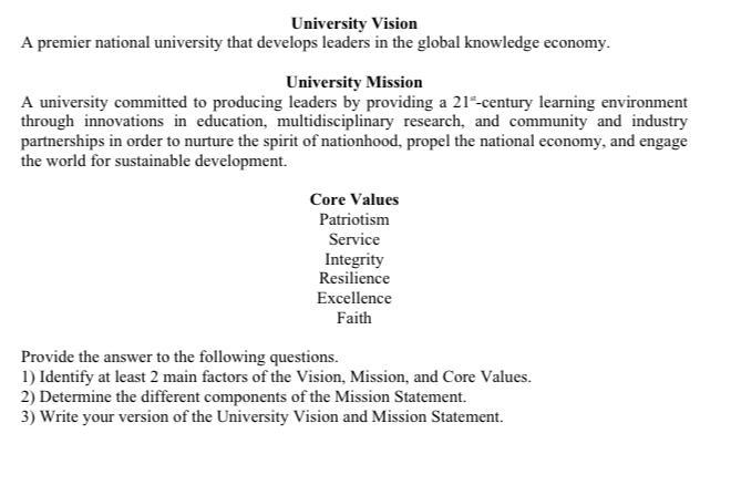 Solved University Vision A premier national university that | Chegg.com