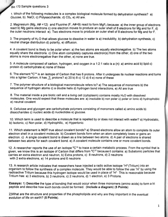 Solved Bio 170 Sample questions 3 1. Which of the following