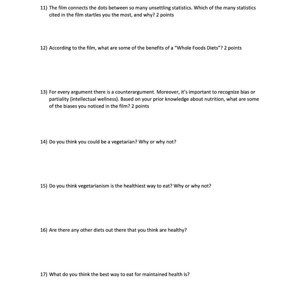 Questions based on "Forks over Knives" documentary if