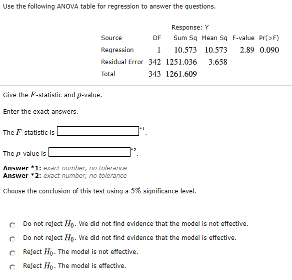 Solved Use the following ANOVA table for regression to | Chegg.com