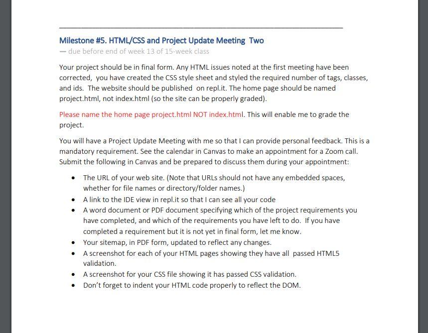 Solved Milestone \#5. HTML/CSS and Project Update Meeting | Chegg.com