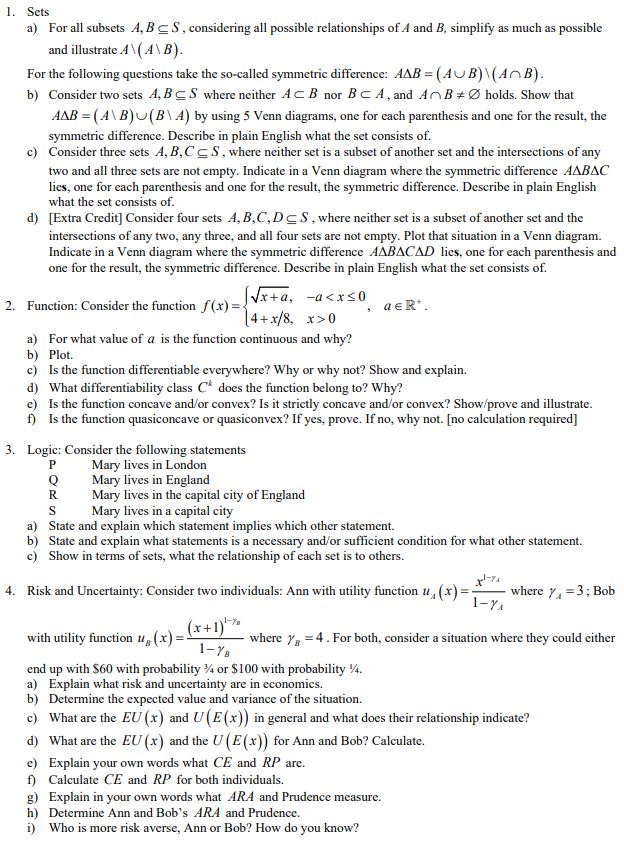 Solved 1. Sets A) For All Subsets A,B SS, Considering All | Chegg.com