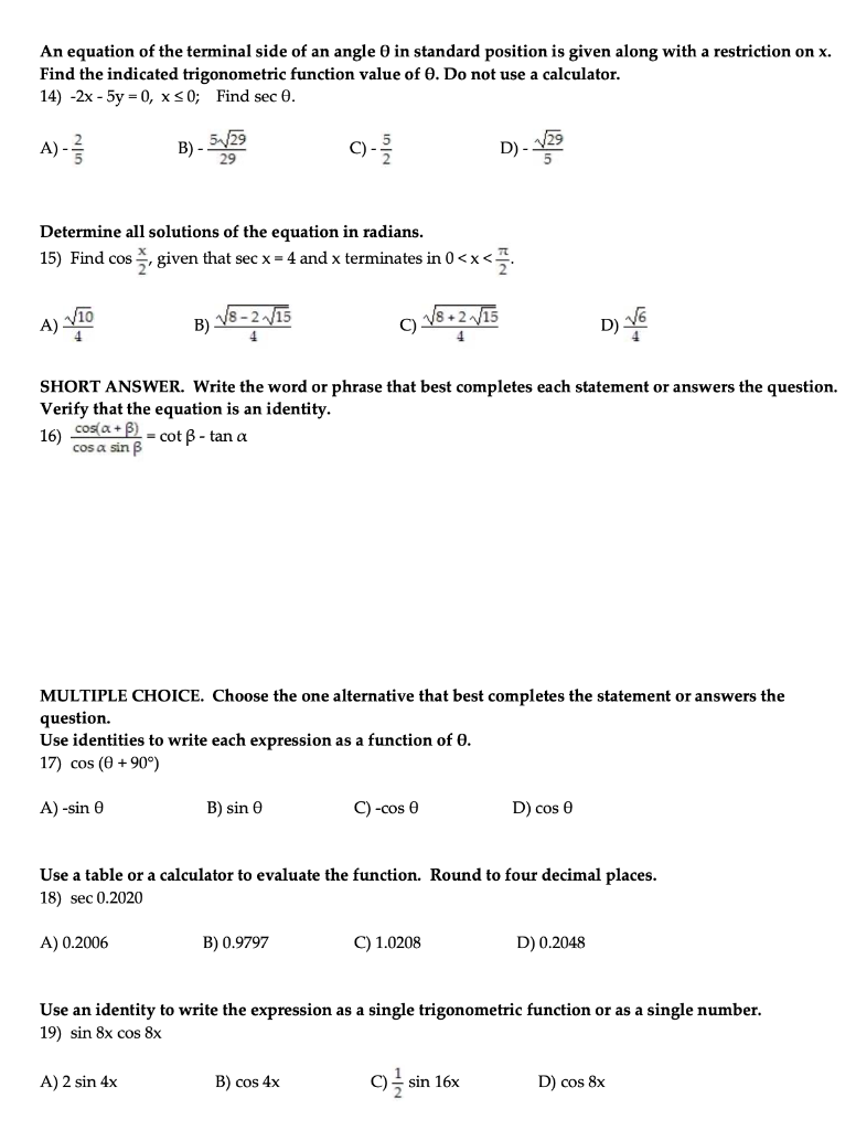 Solved An equation of the terminal side of an angle 0 in | Chegg.com