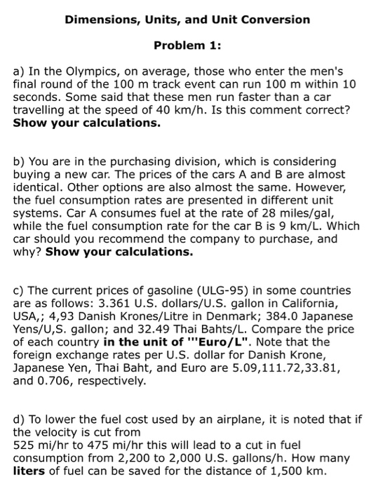 Solved Dimensions, Units, and Unit Conversion Problem 1: a) | Chegg.com