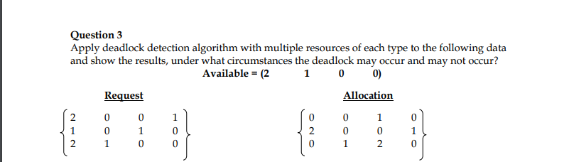 Question 3
Apply deadlock detection algorithm with multiple resources of each type to the following data and show the results