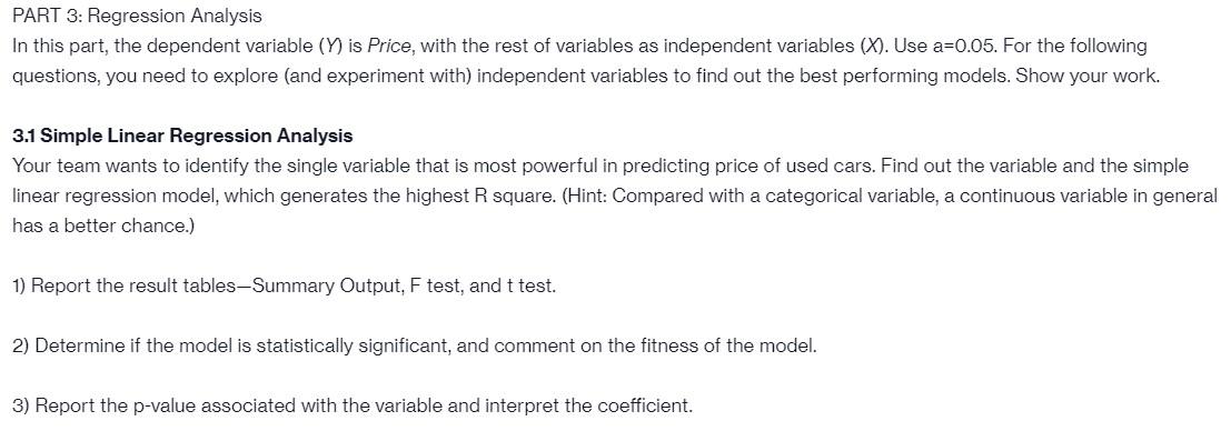 PART 3: Regression Analysis In this part, the | Chegg.com