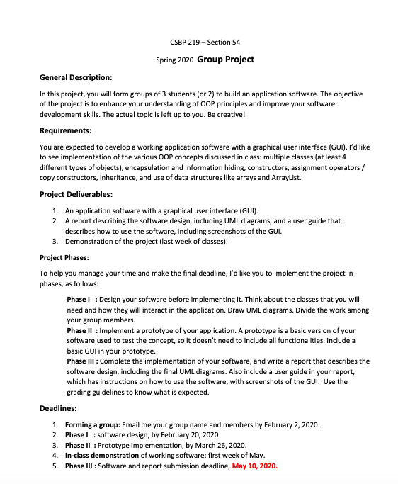 CSBP 219-Section 54 Spring 2020 Group Project General | Chegg.com