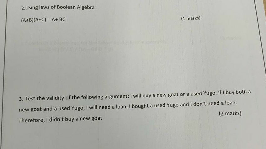 Solved 2.Using laws of Boolean Algebra (A+B)(A+C) = A+ BC (1 | Chegg.com