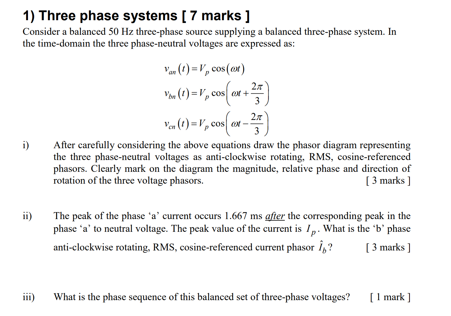 Solved 1) Three phase systems [ 7 marks ] Consider a | Chegg.com