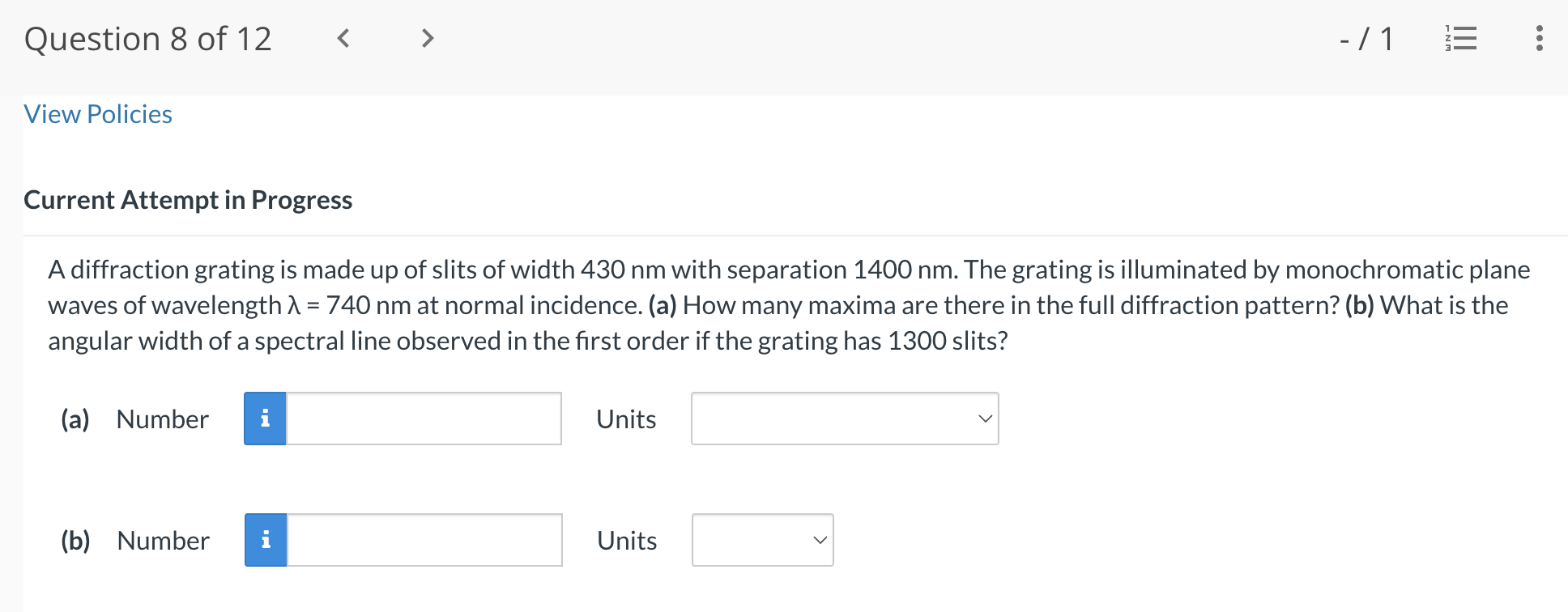 Solved A diffraction grating is made up of slits of width | Chegg.com
