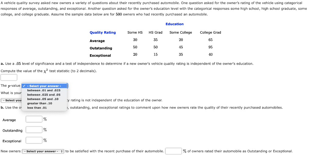 Solved A vehicle quality survey asked new owners a variety