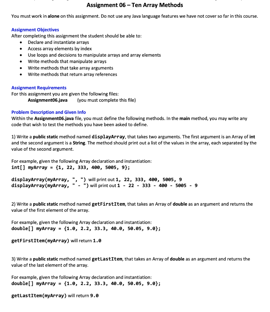 Solved Assignment 06 Ten Array Methods You Must Work In Chegg Com