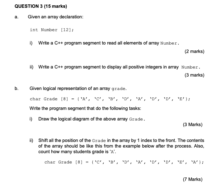 Solved QUESTION 3 (15 marks) Given an array declaration: a. | Chegg.com