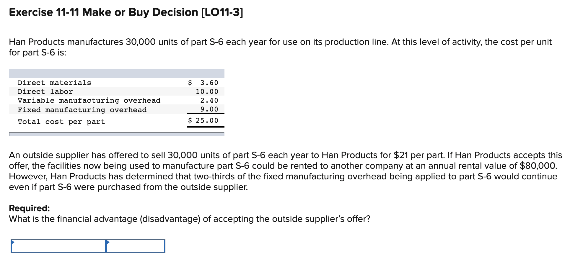 Solved Exercise 11-11 Make Or Buy Decision (LO11-3] Han | Chegg.com