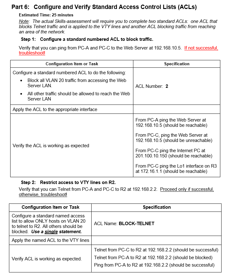 Part 6 Configure And Verify Standard Access Control Chegg Com