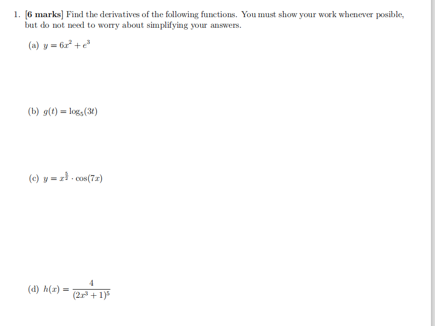 Solved 1. [6 marks] Find the derivatives of the following | Chegg.com