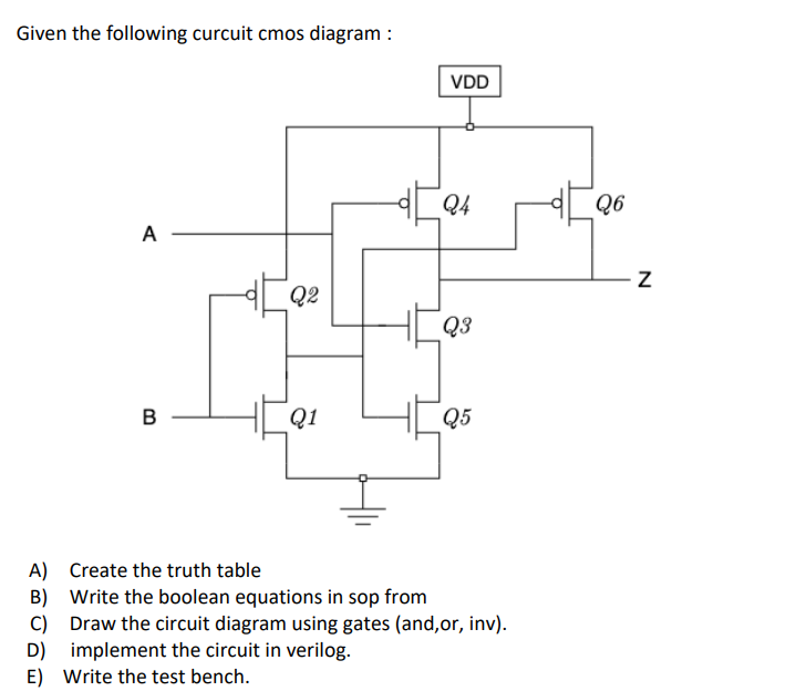 Solved Given the following curcuit cmos diagram : VDD Q4 Q6 | Chegg.com