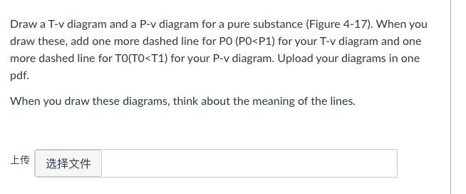 Draw a T-v diagram and a P-v diagram for a pure substance (Figure 4-17). When you draw these, add one more dashed line for \(