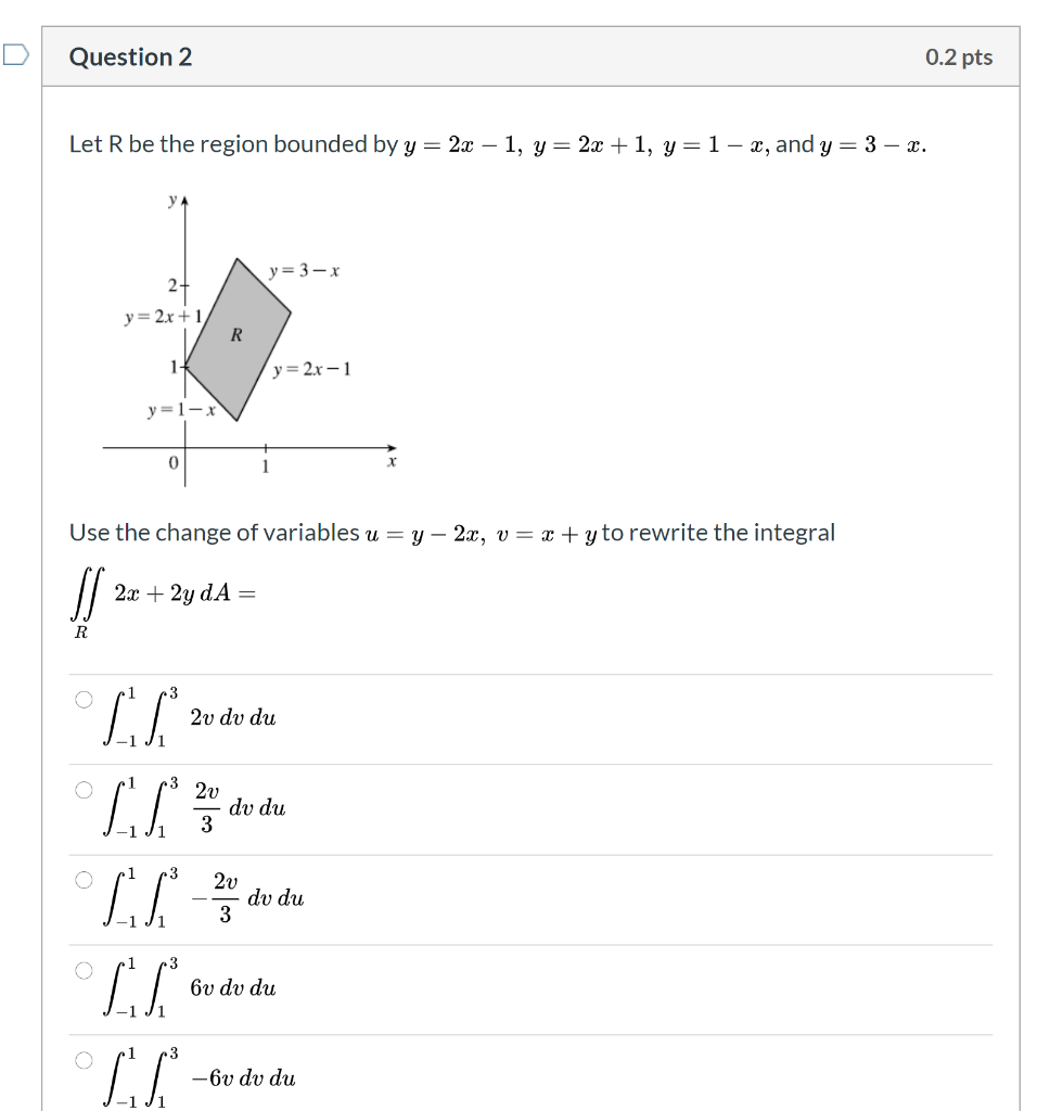 Solved Question 2 0.2 pts Let R be the region bounded by y = | Chegg.com