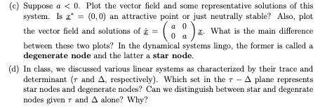 (c) Suppose \( a<0 \). Plot the vector field and some representative solutions of this system. Is \( x^{*}=(0,0) \) an attrac
