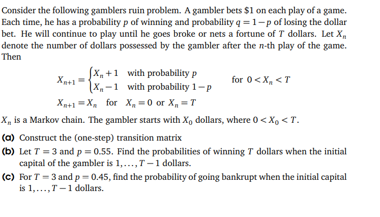 Solved Consider the following gamblers ruin problem. A | Chegg.com