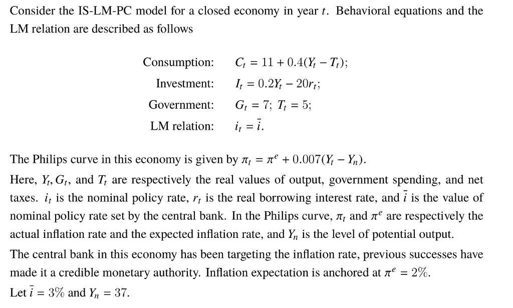 Consider the IS-LM-PC model for a closed economy in | Chegg.com