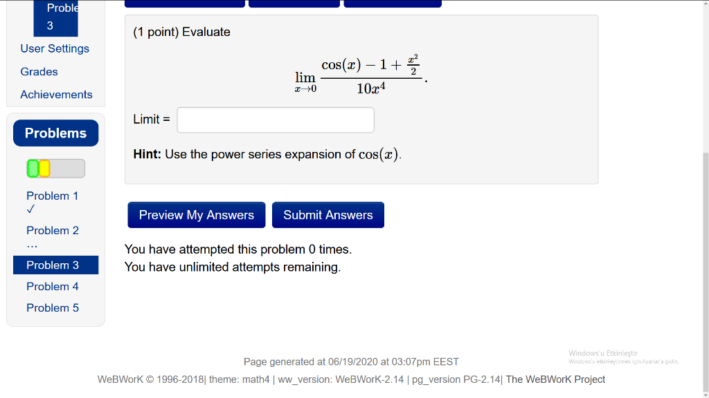 Solved Proble 3 (1 point) Evaluate User Settings Grades | Chegg.com