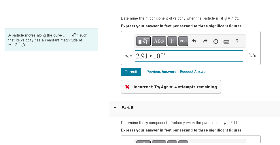 Determine the \( x \) component of velocity when the particle is at \( y=7 \mathrm{ft} \). Express your answer in feet per se