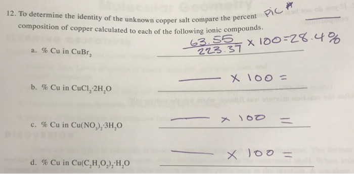 Solved 12. To Determine The Identity Of The Unknown Copper | Chegg.com