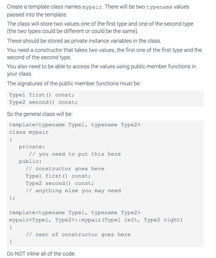 Solved Create a template class names mypair There will be Chegg com Solved Create a template class names mypair There will be Chegg com