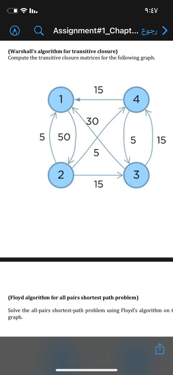 Solved 9:EV Assignment#1_Chapt... > > (Warshall's algorithm | Chegg.com