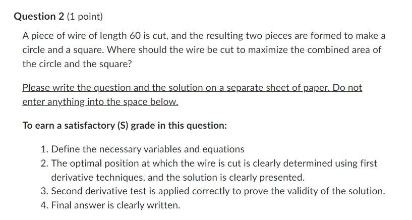 Solved Question 2 (1 point) A piece of wire of length 60 is | Chegg.com