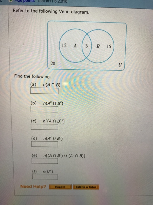 Solved Refer to the following Venn diagram. Find the | Chegg.com