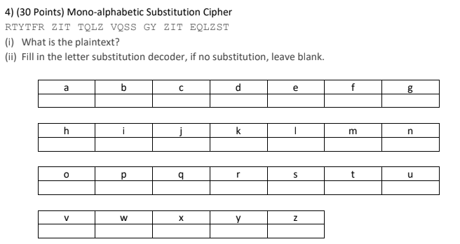 Solved 4) (30 Points) Mono-alphabetic Substitution Cipher | Chegg.com