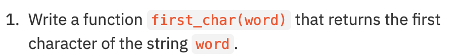 Solved 1. Write a function first_char(word) that returns the | Chegg.com