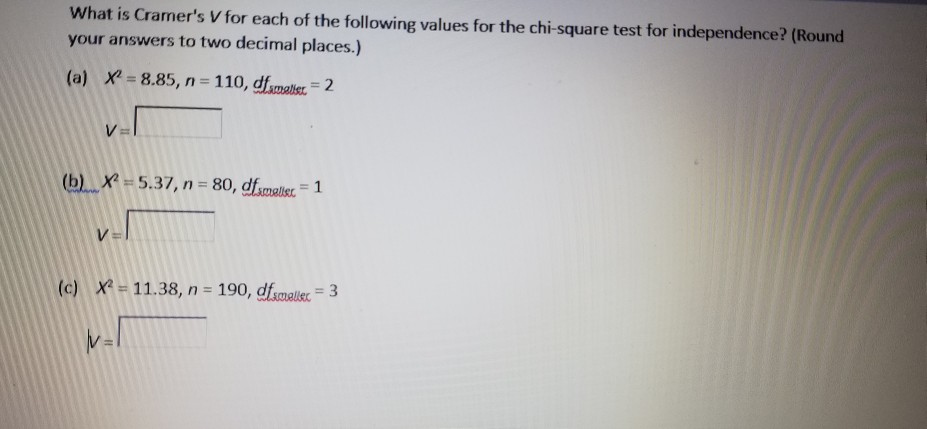 Solved What is Cramer's V for each of the following values | Chegg.com