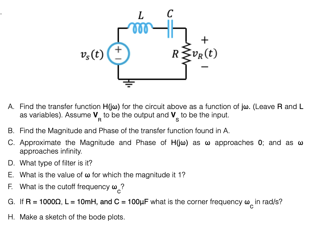 Solved Find the transfer function H(jω) for the circuit