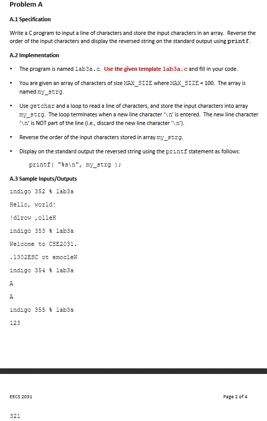 c programming final lab c: code examples and exercises... Solved Problem A A.1 Specification Write a C program to | Chegg.com