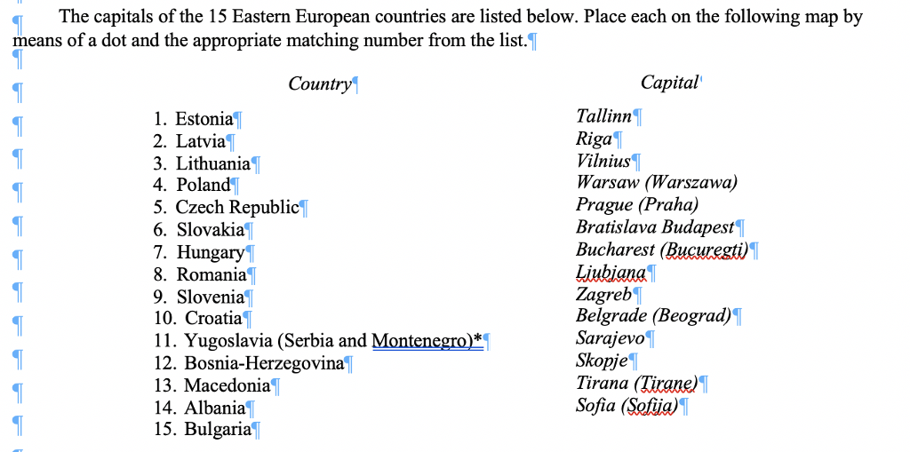 eastern european countries and capitals list