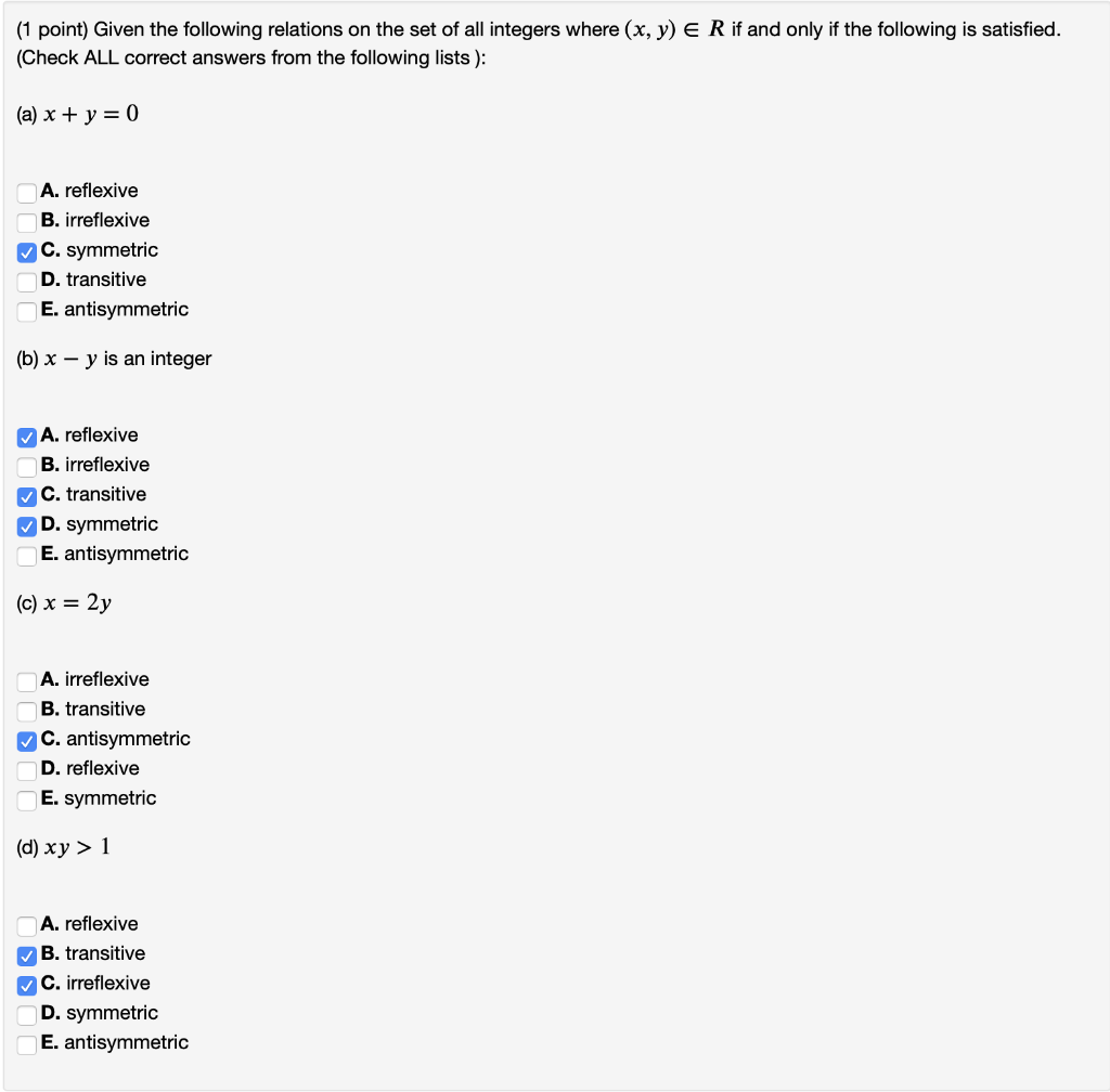 Solved (1 Point) Given The Following Relations On The Set Of | Chegg.com