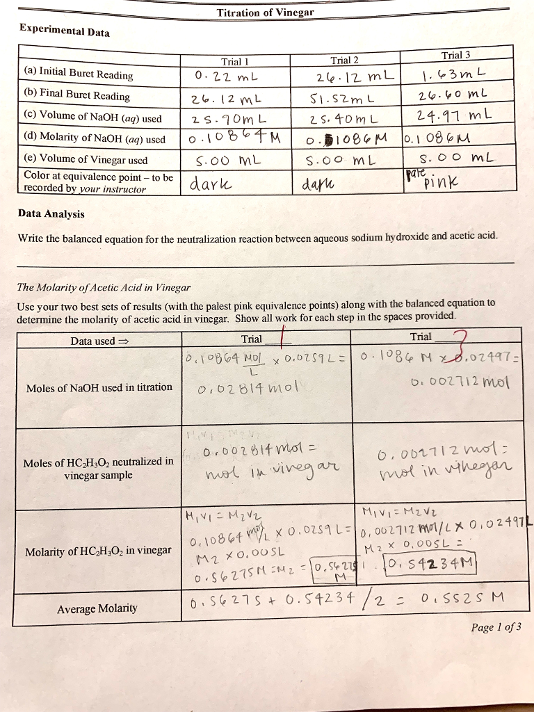 Solved Titration of Vinegar Experimental Data Trial 3 Trial