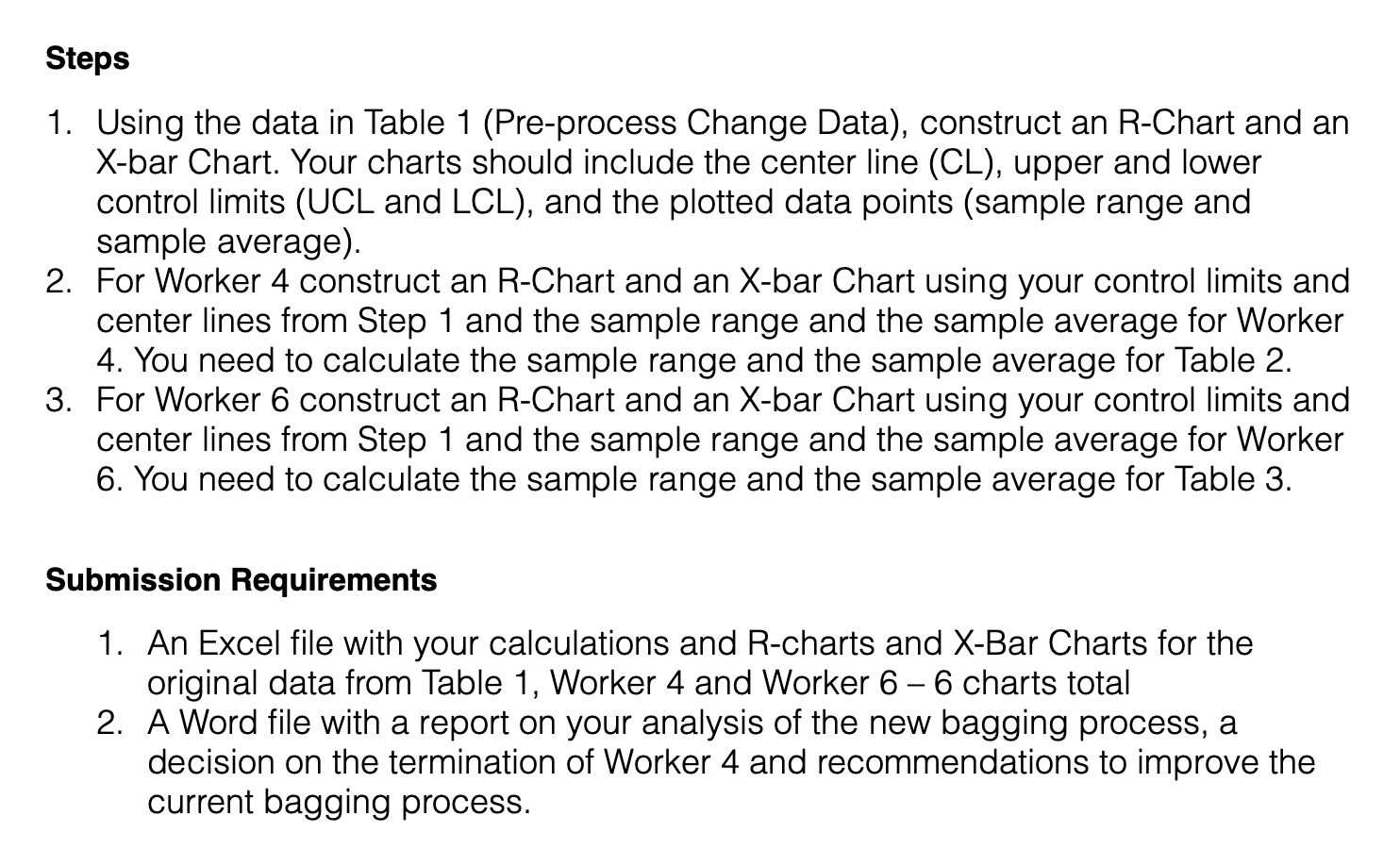 Steps 1. Using the data in Table 1 (Pre-process Change Data), construct an R-Chart and an X-bar Chart. Your charts should inc