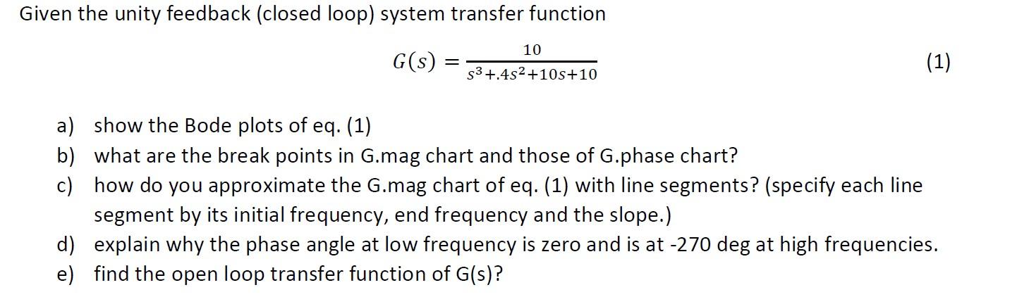 Solved Given the unity feedback (closed loop) system | Chegg.com