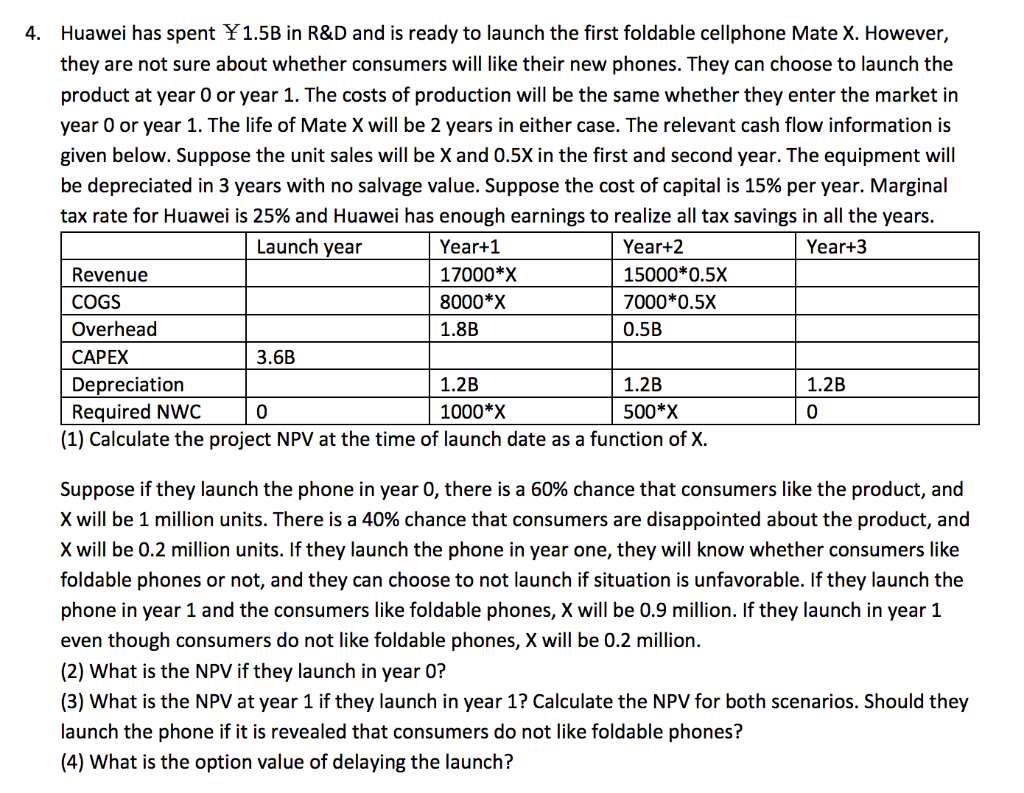 Solved 4. Huawei has spent ¥1.5B in R&D and is ready to | Chegg.com