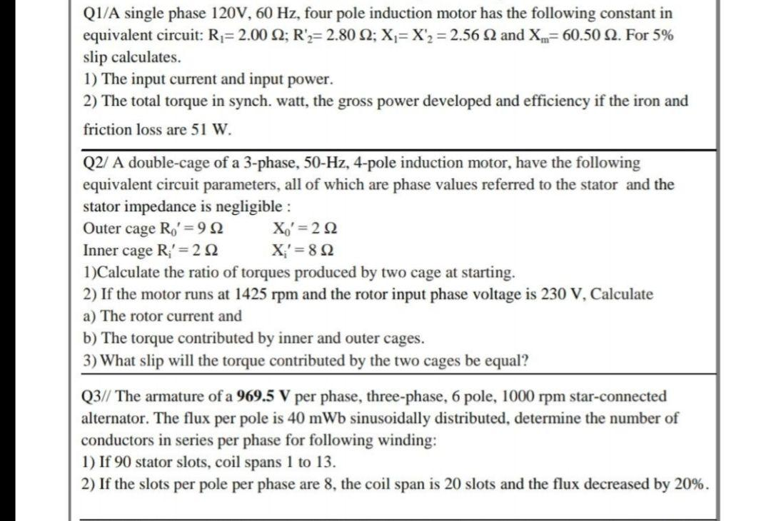 Solved Q1/A single phase 120V, 60 Hz, four pole induction | Chegg.com