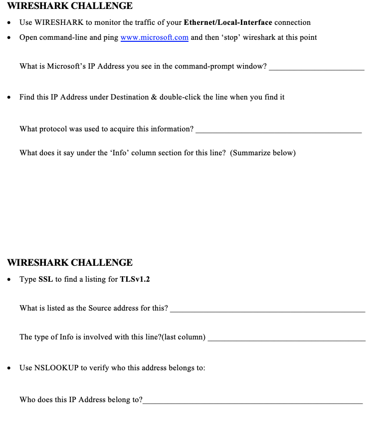 Solved WIRESHARK CHALLENGE Use WIRESHARK to monitor the | Chegg.com