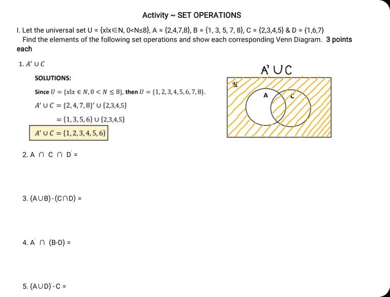 Solved Activity - SET OPERATIONS 1. Let the universal set U | Chegg.com