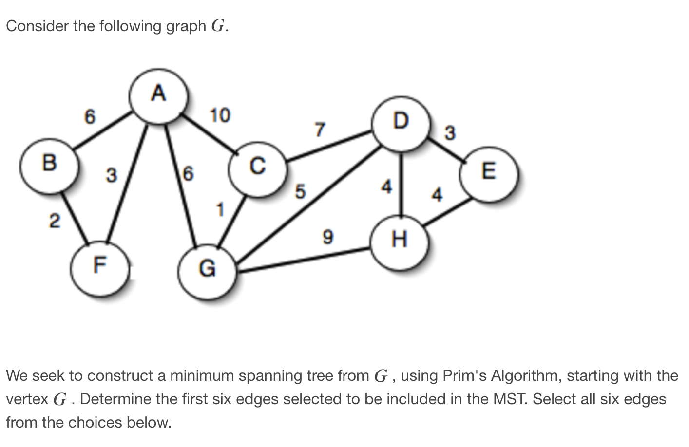 Solved Consider the following graph G. А. 6 10 D 3 B 3 6 с E | Chegg.com