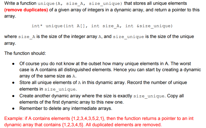 Solved Write a function unique (A, size_A, size_unique) that | Chegg.com